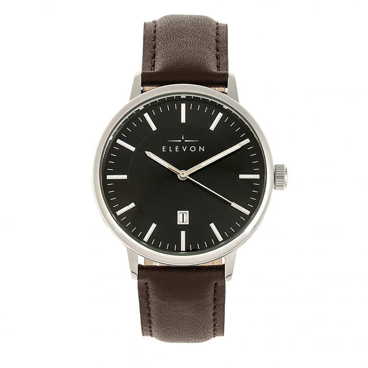 Elevon Vin Leather-Band Watch w/Date - Silver/Brown