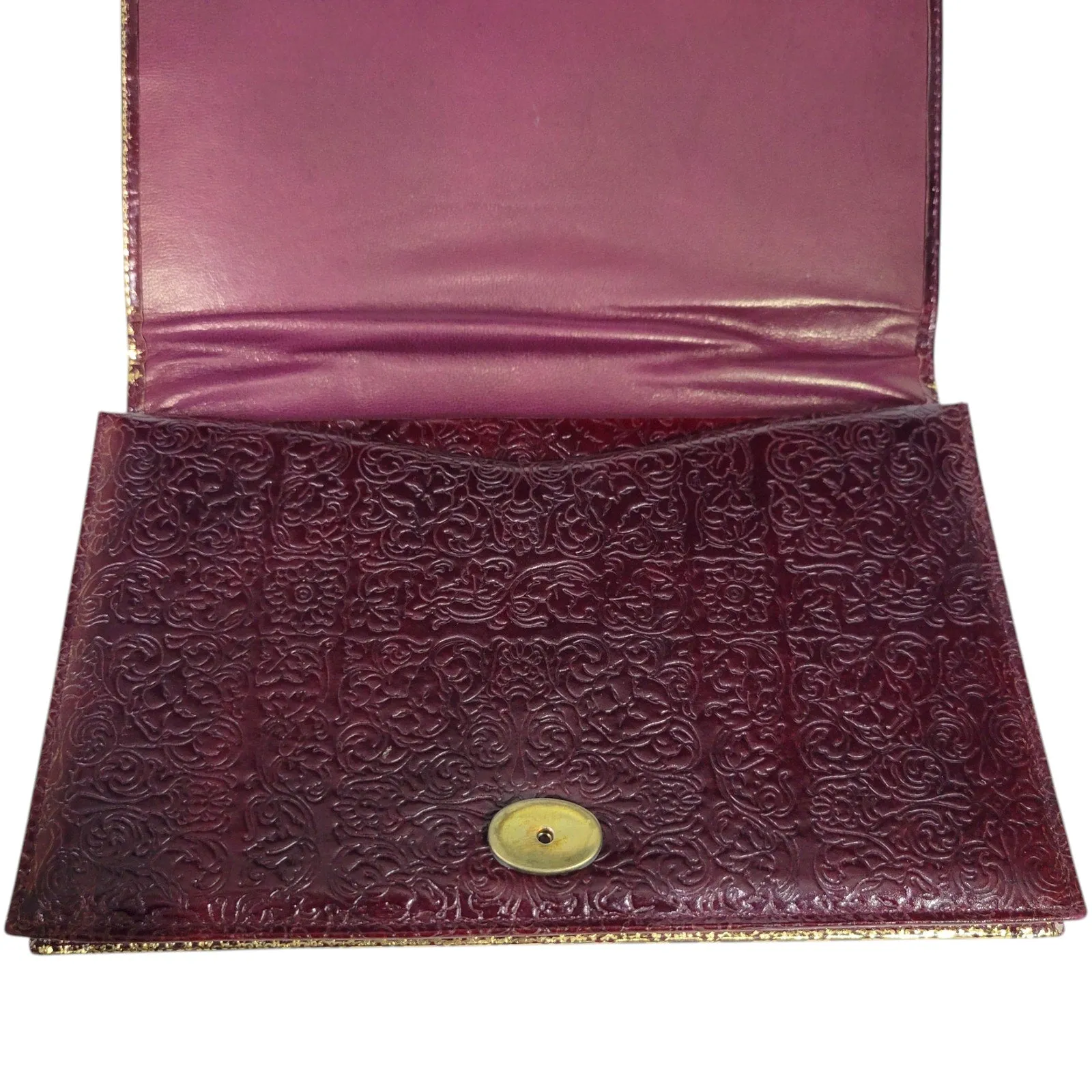 Embossed Leather Slim Bag Red Burgundy Gold Gilding Evening Italian Handbag Top Handle Small