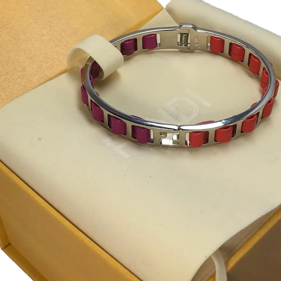 Fendi The Fendista Leather Fuchsia Orange Band Bangle Bracelet