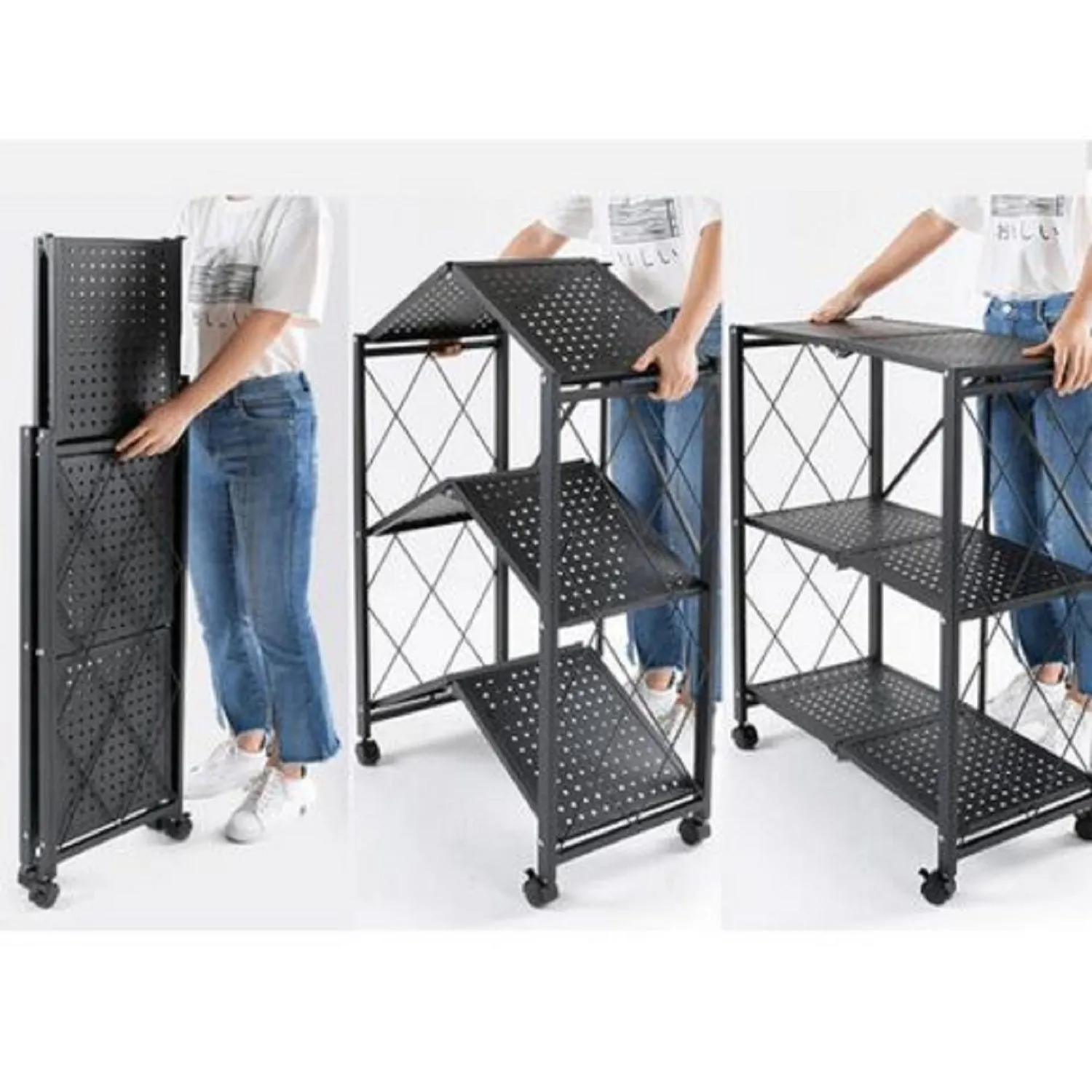 Foldable 3-Tier Carbon Steel Storage Shelf, Portable, Black