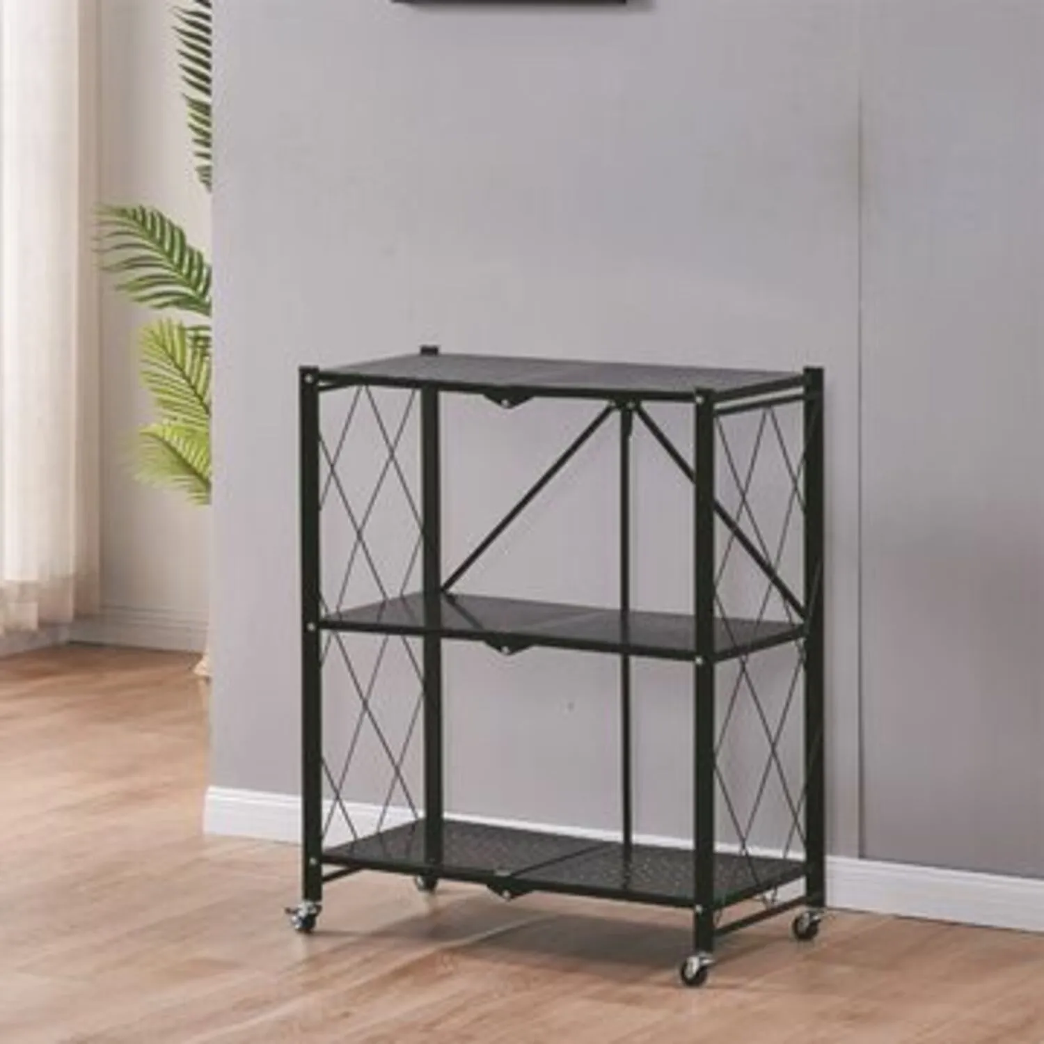 Foldable 3-Tier Carbon Steel Storage Shelf, Portable, Black