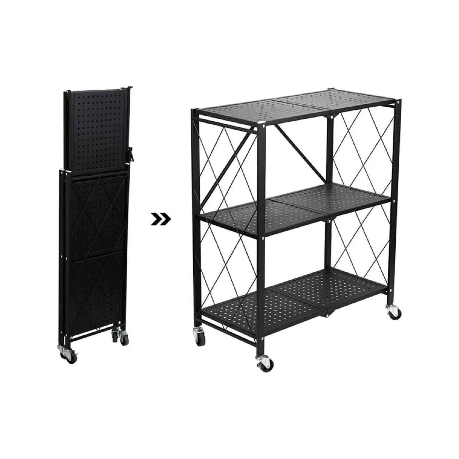 Foldable 3-Tier Carbon Steel Storage Shelf, Portable, Black