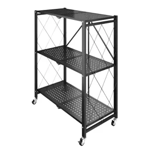 Foldable 3-Tier Carbon Steel Storage Shelf, Portable, Black