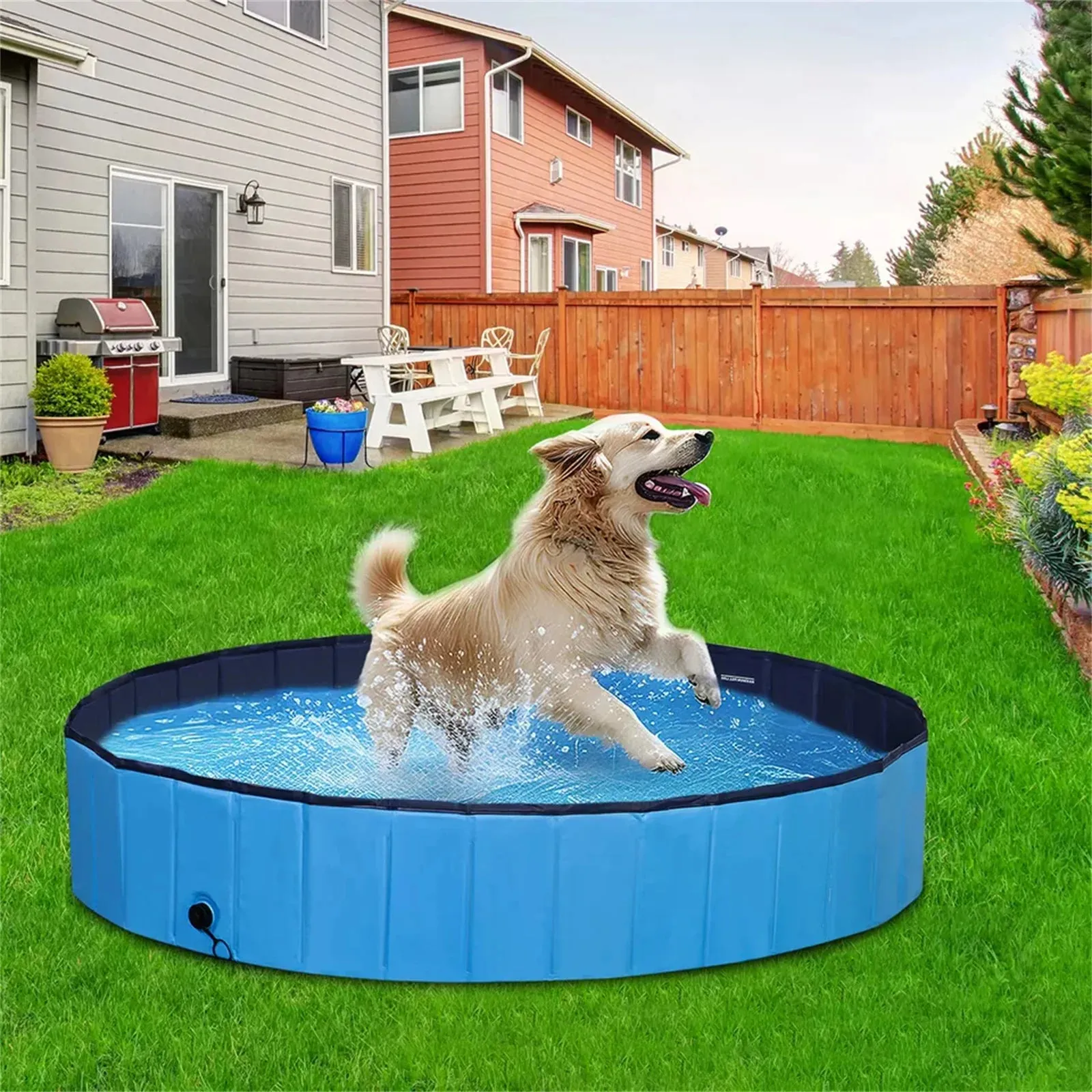 Foldable Dog Pool Pet Swimming Pool Plastic Puppy Cat Shower Outdoor Indoor Blue