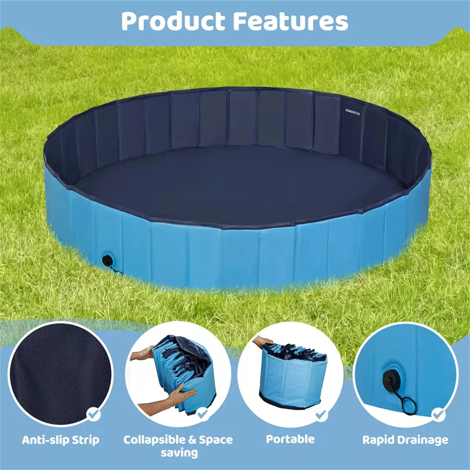 Foldable Dog Pool Pet Swimming Pool Plastic Puppy Cat Shower Outdoor Indoor Blue