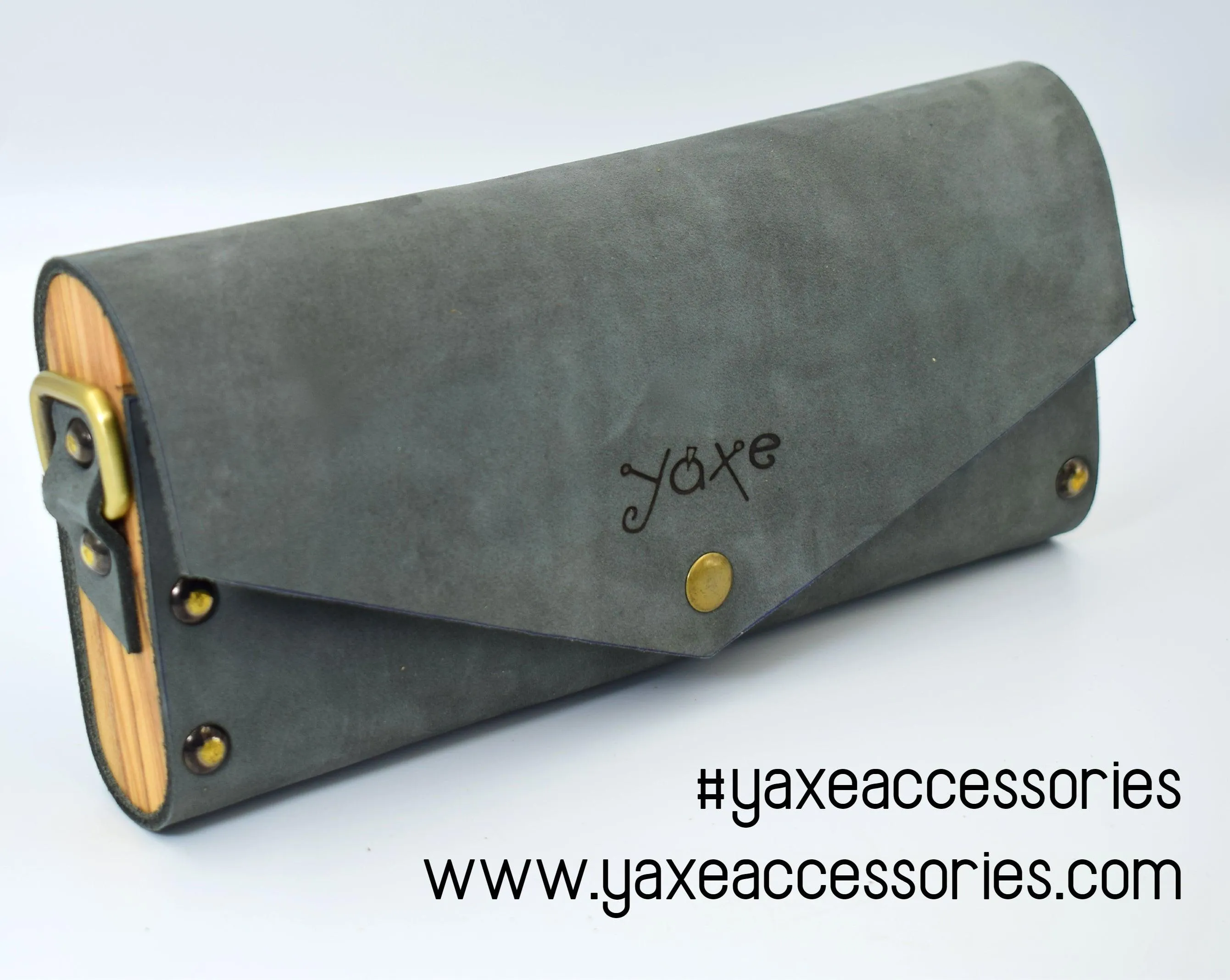 Gray small clutch women bag from leather and wood