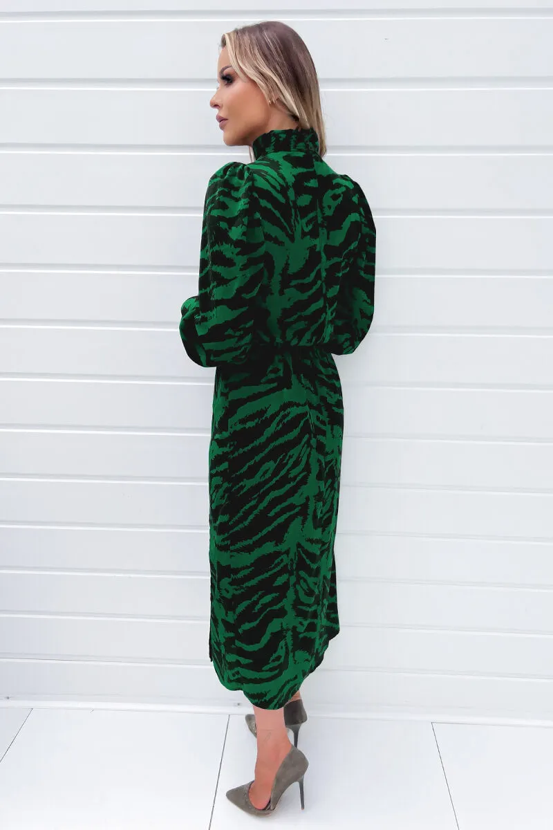 Green Animal Print High Neck Long Sleeve Midi Dress