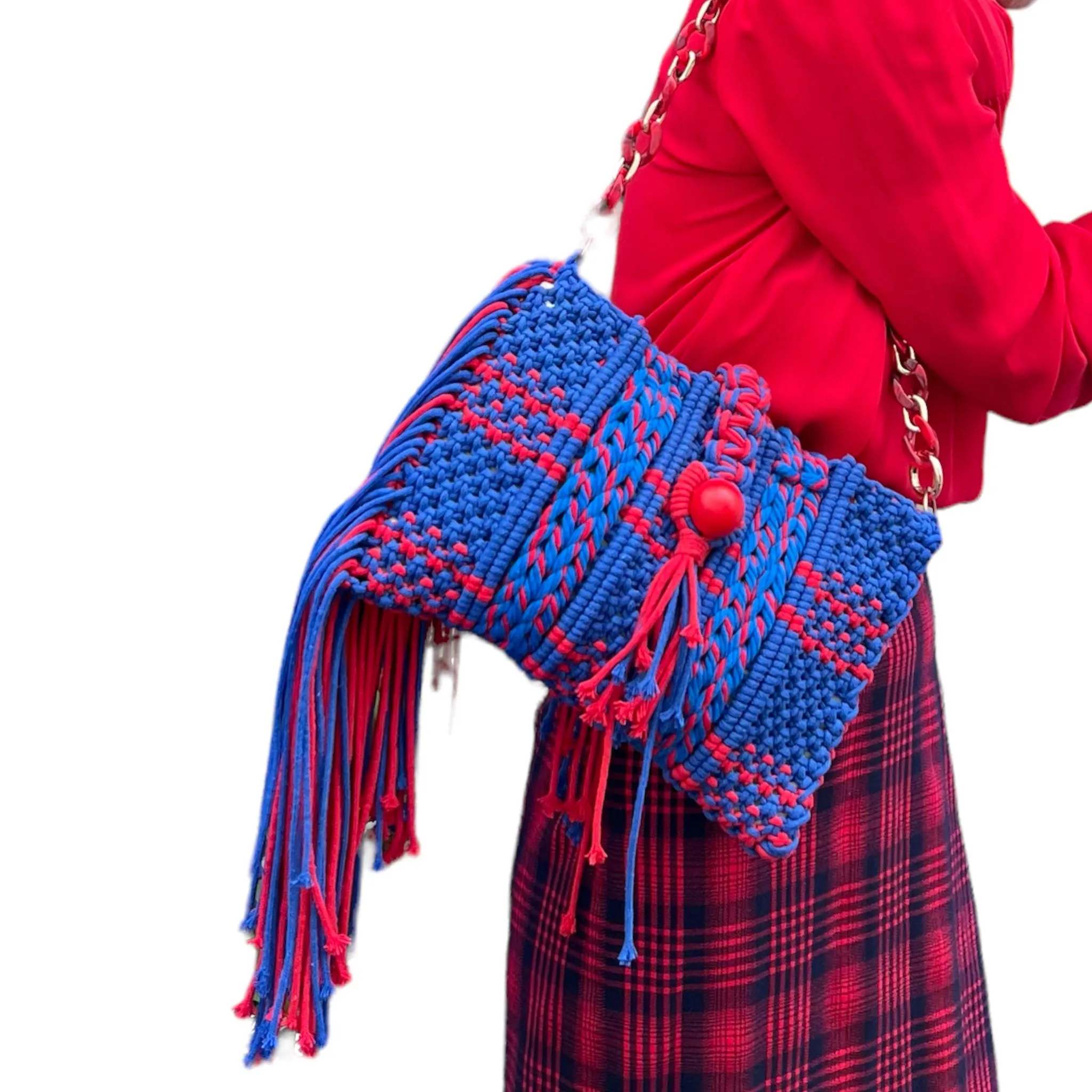 Hailey Red & Blue Macrame Clutch & Shoulder Bag