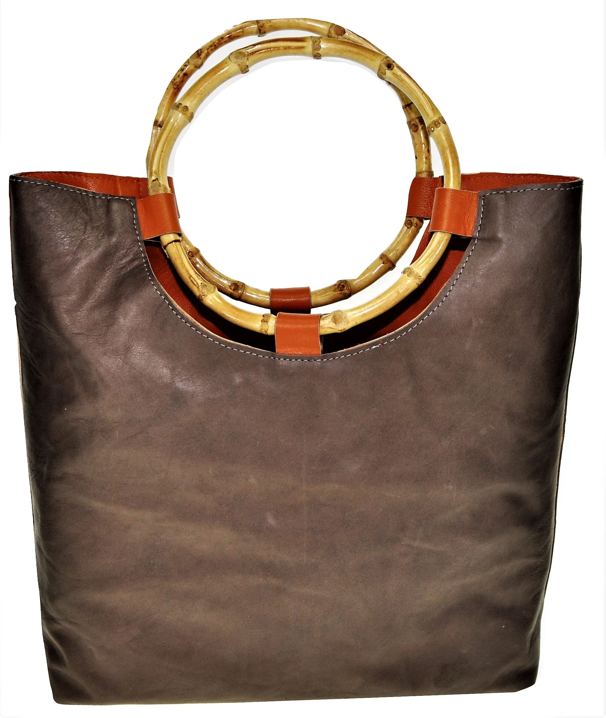 Handled Tote Bag, Brown/Black with bamboo handles, lined with leather.