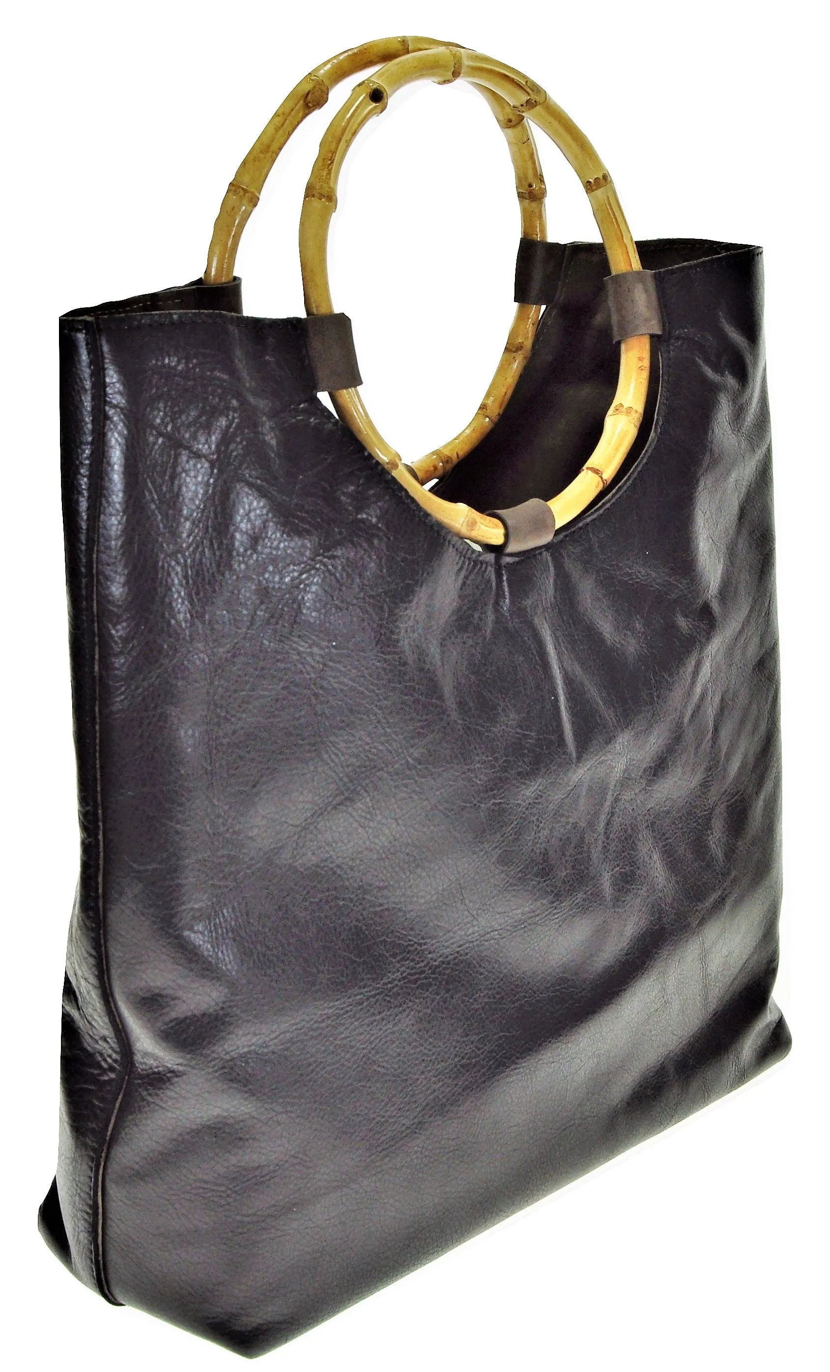 Handled Tote Bag, Brown/Black with bamboo handles, lined with leather.