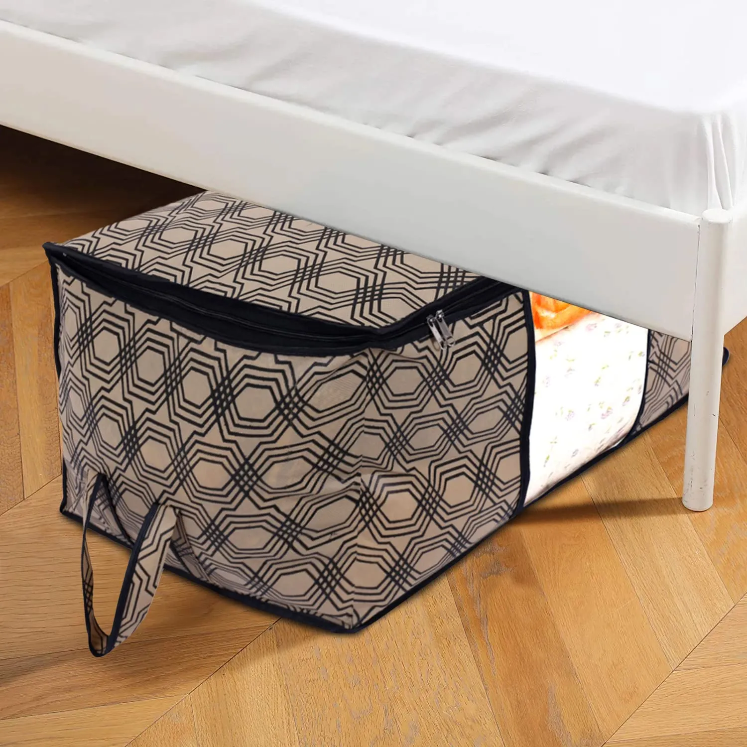 Heart Home Non-Woven Honeycomb Design Underbed|Blanket Cover With Transparent Window, Zippered & Handle (Cream)