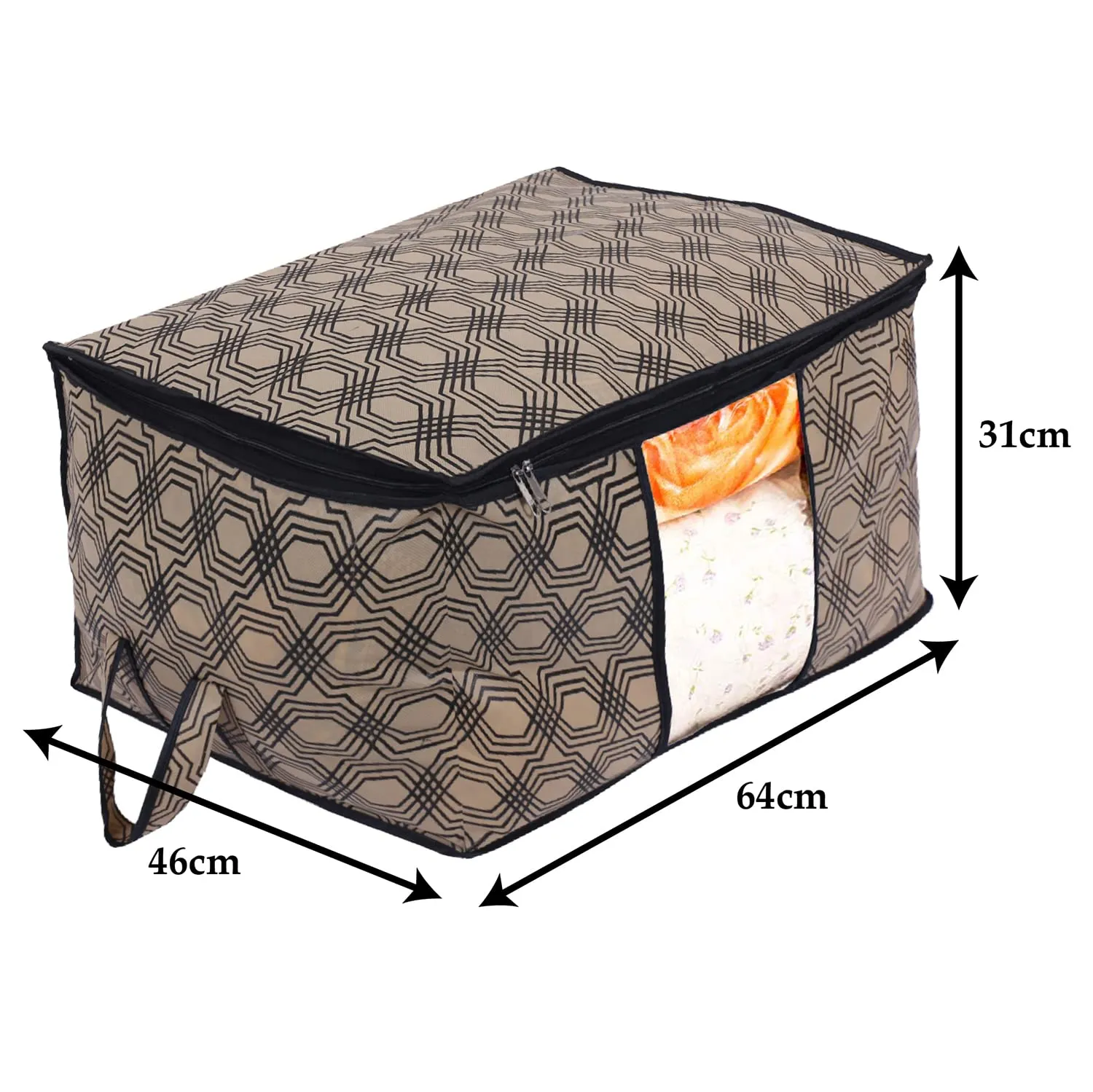 Heart Home Non-Woven Honeycomb Design Underbed|Blanket Cover With Transparent Window, Zippered & Handle (Cream)