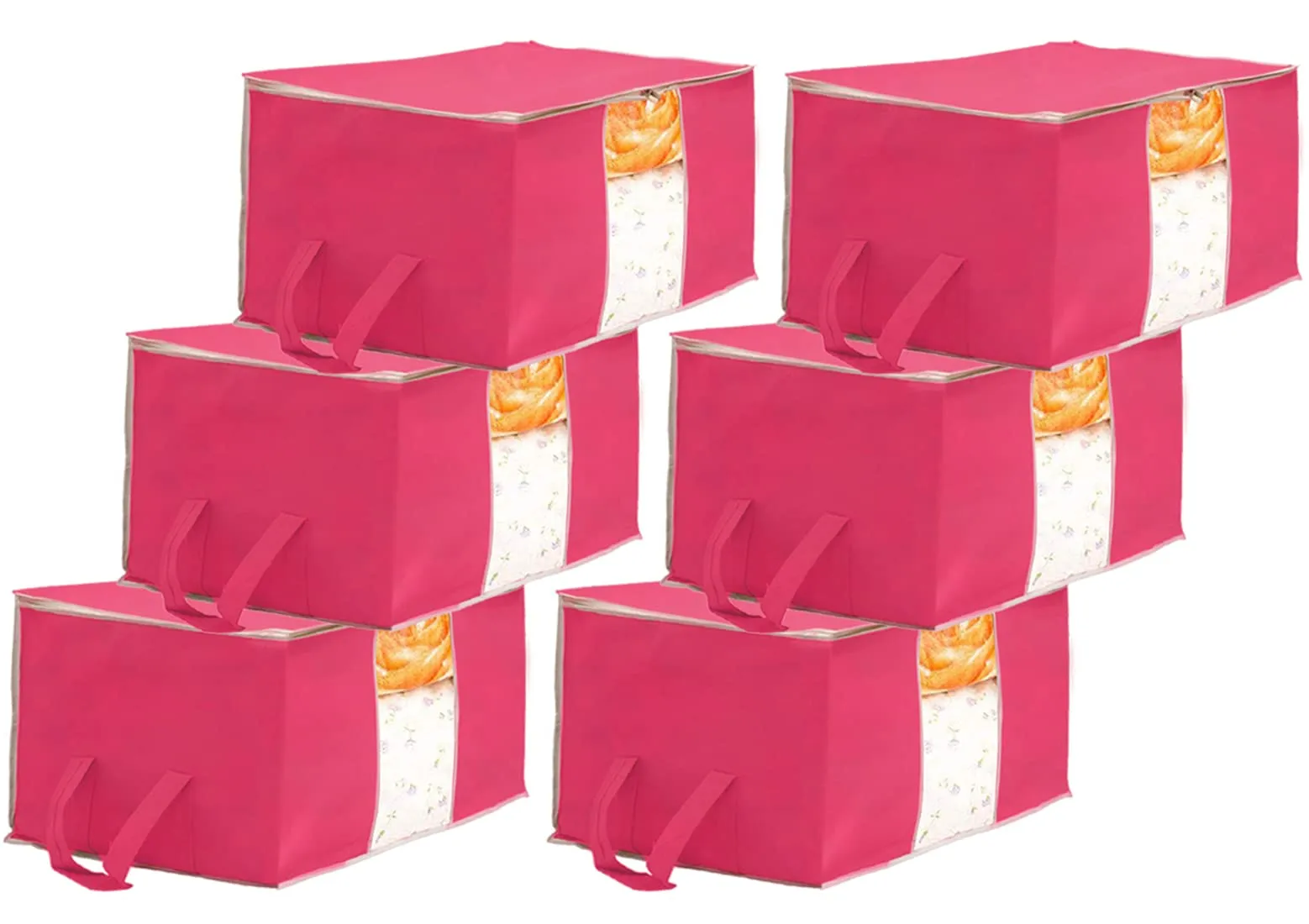 Heart Home Non Woven Underbed Storage Bag With Transparent Window- Pack of 6 (Pink)-HS43HEARTH26734