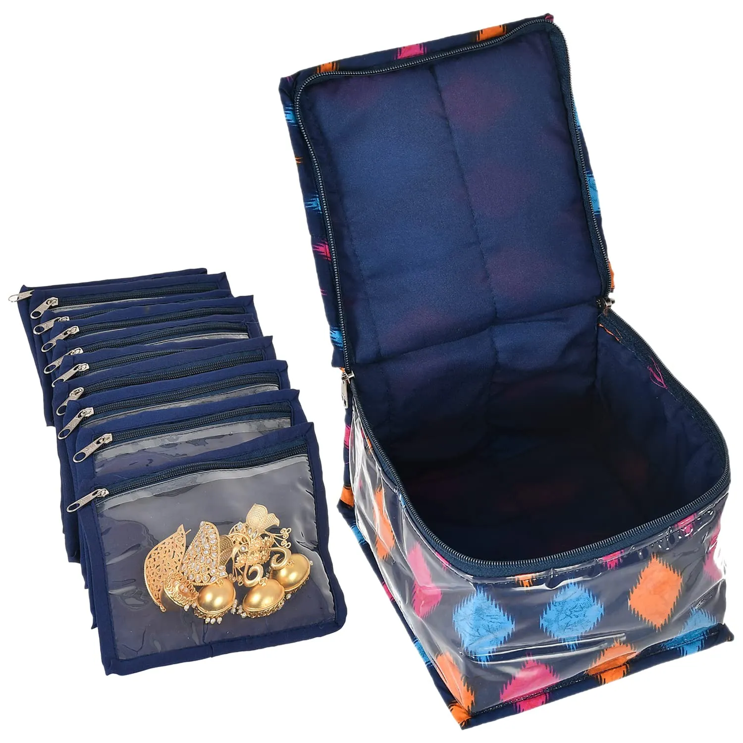 Heart Home Square Navajo Printed Laminated PVC Multipurpose Jewellery Organizer With 10 Transparent Pouches- Pack of 2 (Blue)-50HH01200