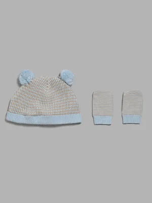 HOP Baby Blue Striped Pom Pom Beanie with Paw Mitten Set