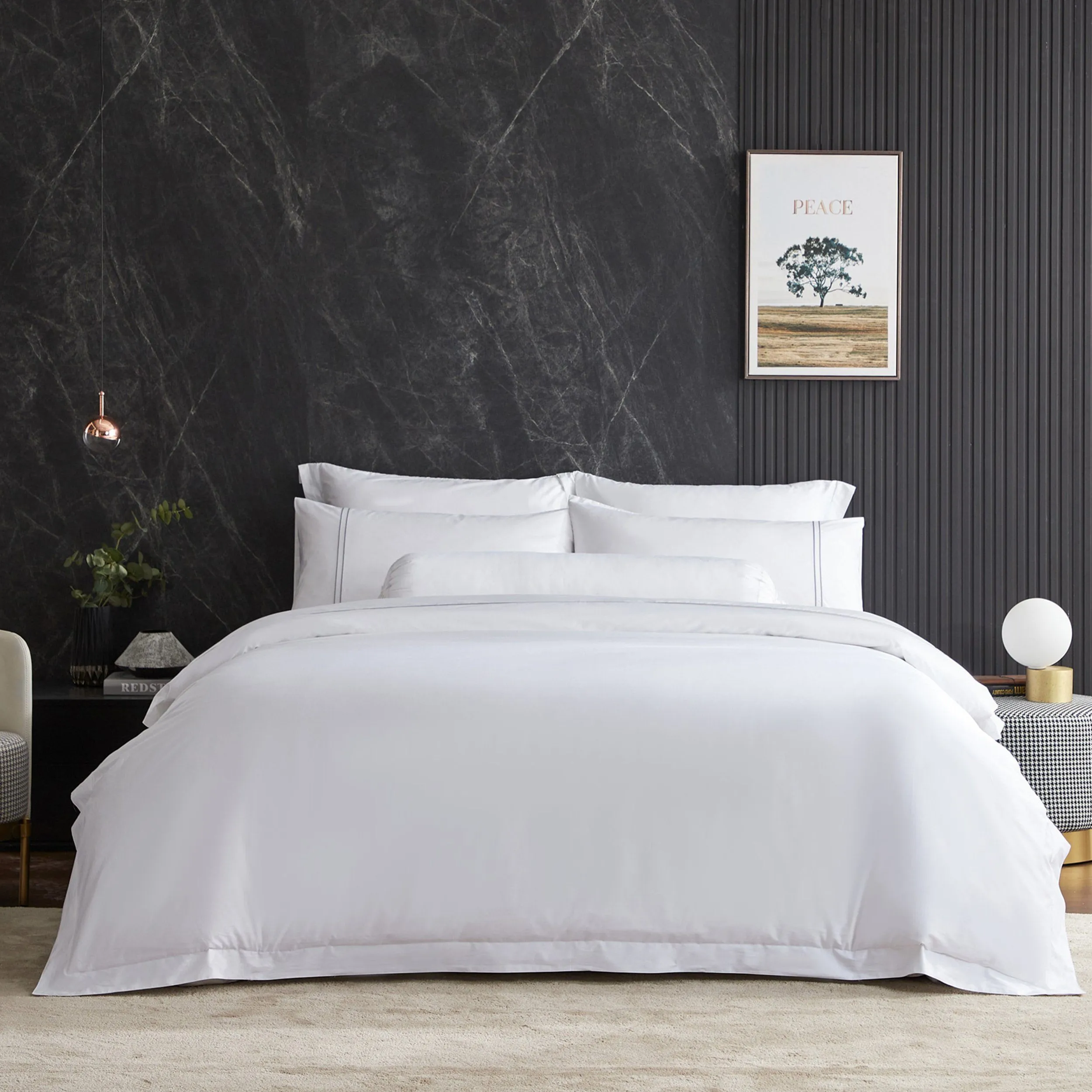 Hotelier Prestigio™ Lucent White With Grey Lines Fitted Sheet Set