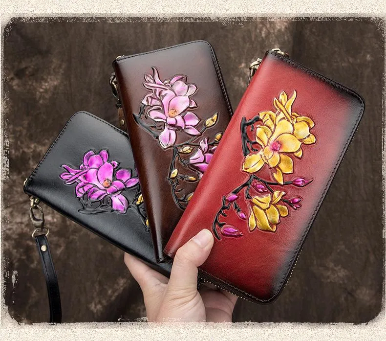 Johnature Women Vintage Long Hand Wallet Genuine Leather Handmade Embossing