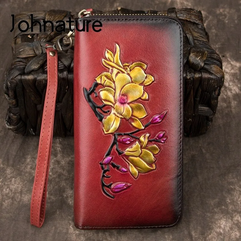 Johnature Women Vintage Long Hand Wallet Genuine Leather Handmade Embossing