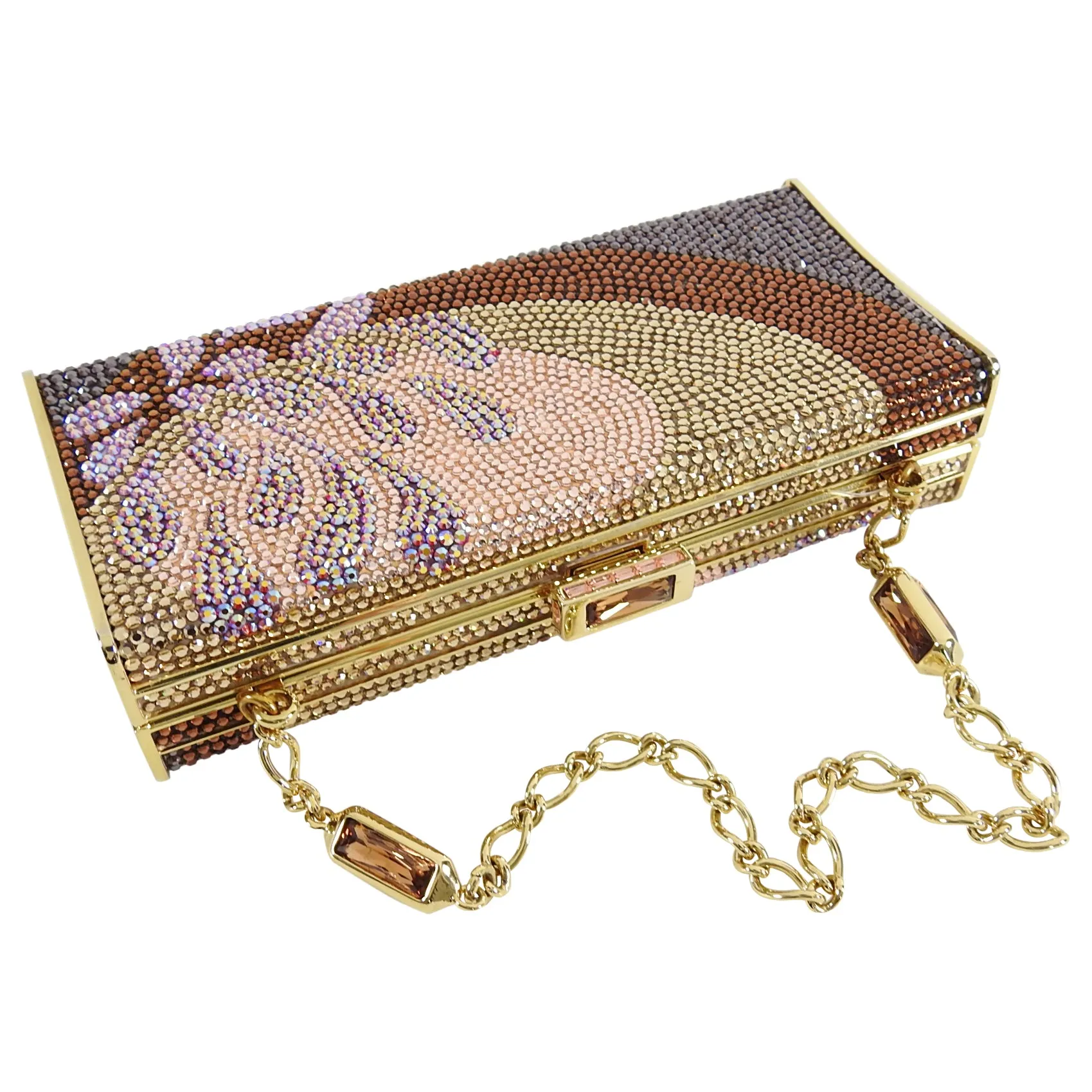 Judith Leiber Multi flower Crystal Small Gold Minaudiere Box Evening Bag