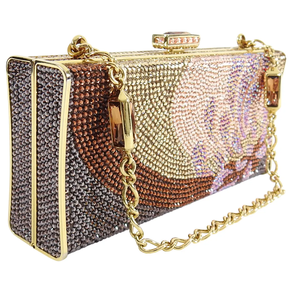 Judith Leiber Multi flower Crystal Small Gold Minaudiere Box Evening Bag