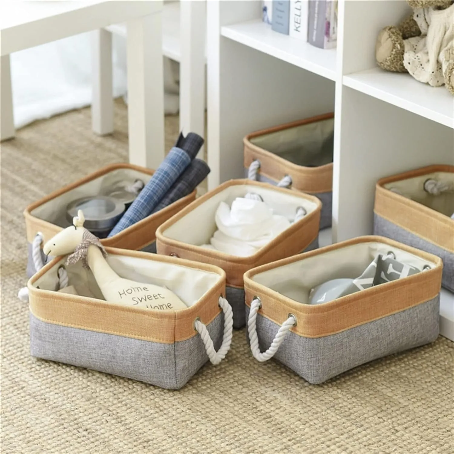 Kuber Industries Stackable Storage Basket|Foldable Toy Storage Bin|Wardrobe Organizer for Clothes|3 Different Sizes (Grey & Brown) (Pack of 2)