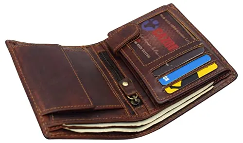 Large RFID Genuine Vintage Leather Card Holder Bifold Trifold Wallet Snap Closure 2 ID Windows for Men