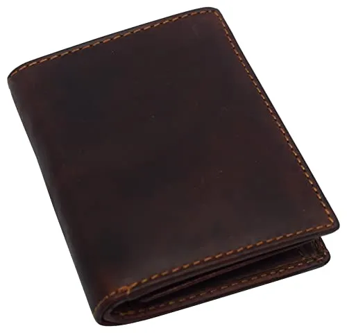 Large RFID Genuine Vintage Leather Card Holder Bifold Trifold Wallet Snap Closure 2 ID Windows for Men