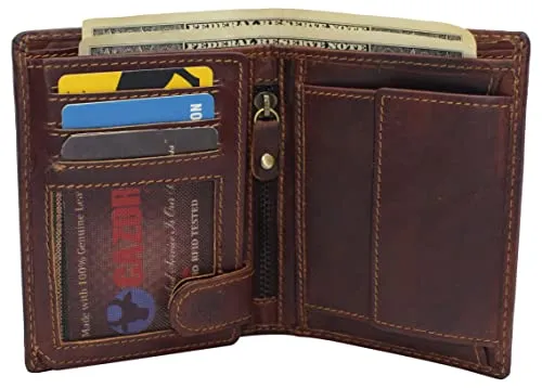 Large RFID Genuine Vintage Leather Card Holder Bifold Trifold Wallet Snap Closure 2 ID Windows for Men