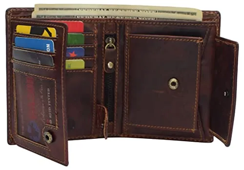 Large RFID Genuine Vintage Leather Card Holder Bifold Trifold Wallet Snap Closure 2 ID Windows for Men