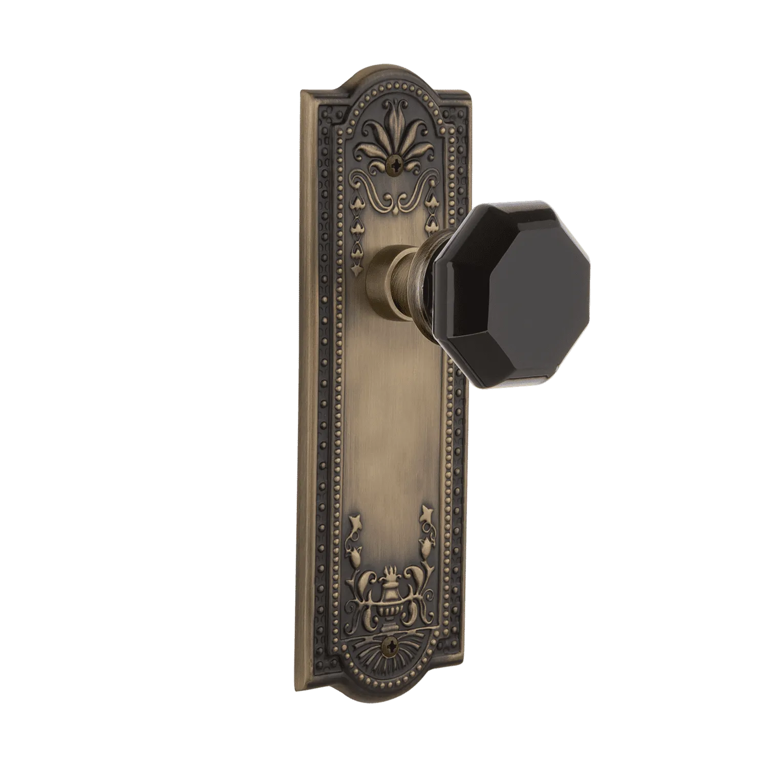 Meadows Long Plate with Black Waldorf Knob in Antique Brass