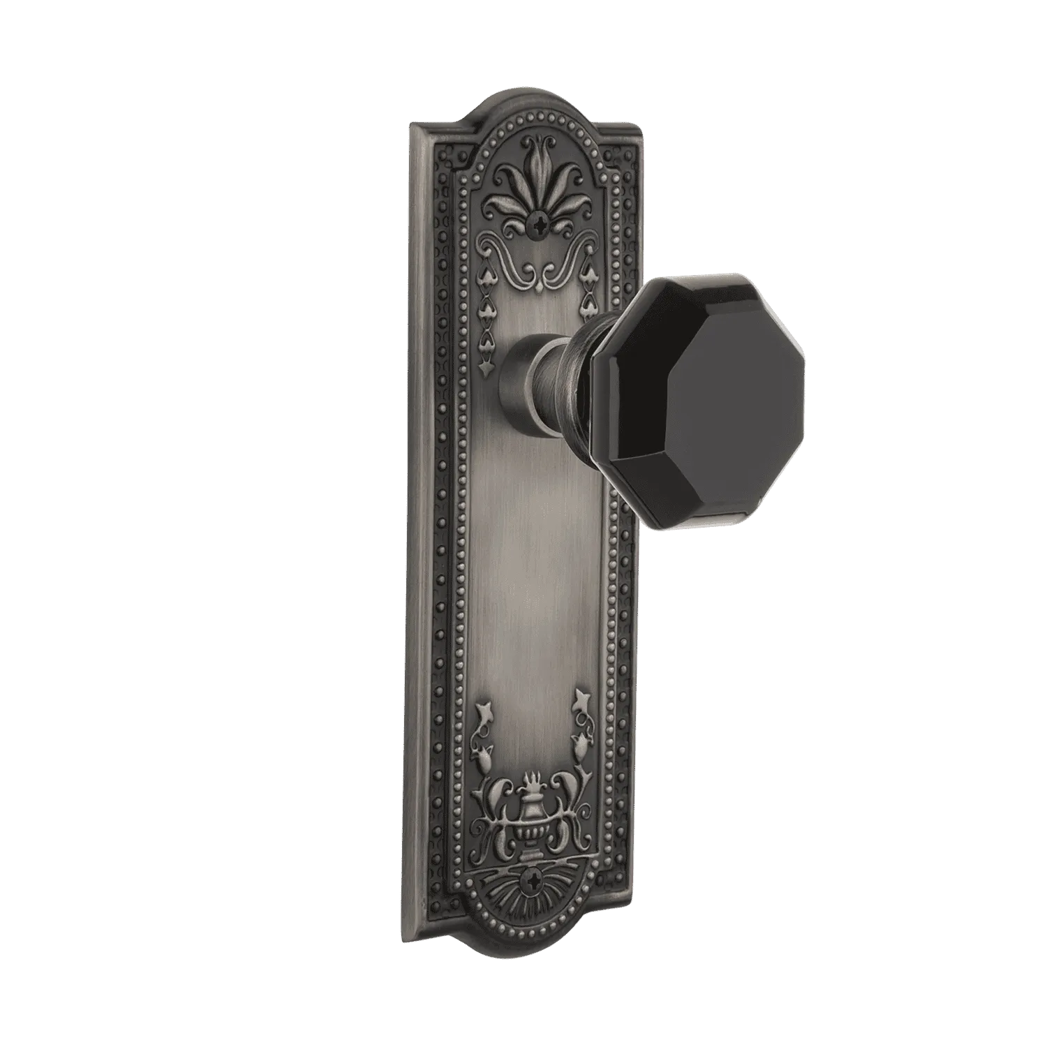 Meadows Long Plate with Black Waldorf Knob in Antique Pewter