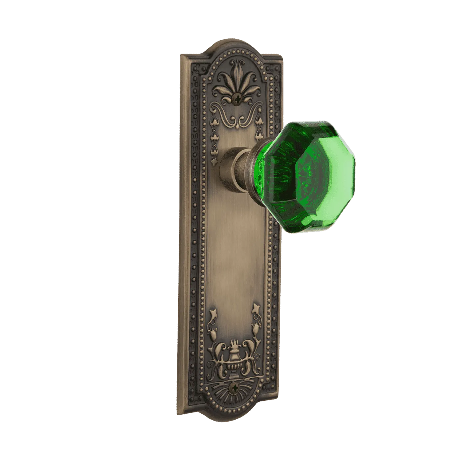 Meadows Long Plate with Emerald Waldorf Knob in Antique Brass