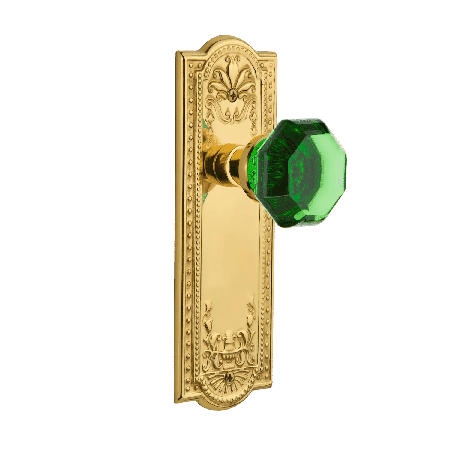 Meadows Long Plate with Emerald Waldorf Knob in Unlacquered Brass