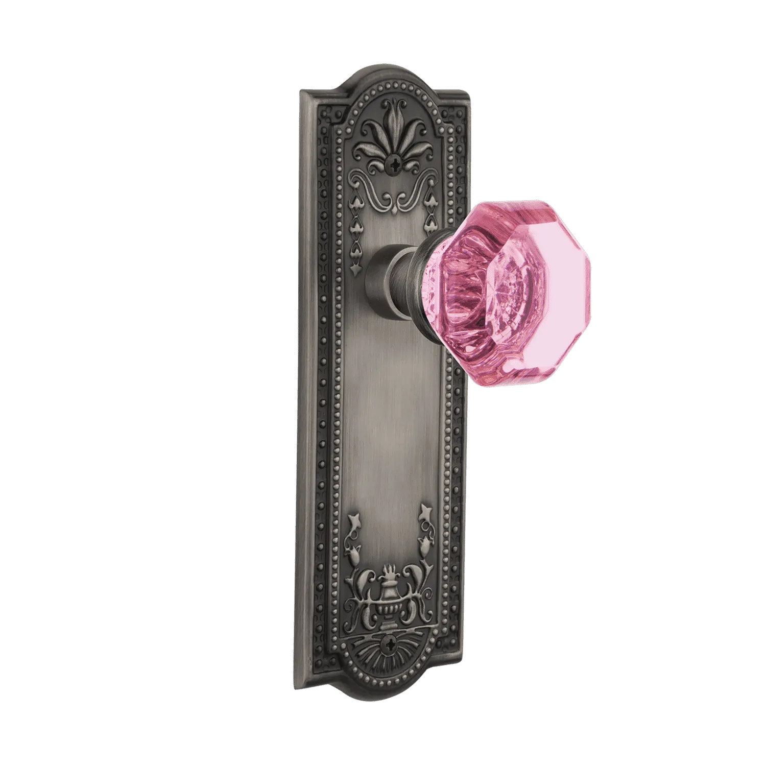 Meadows Long Plate with Pink Waldorf Knob in Antique Pewter