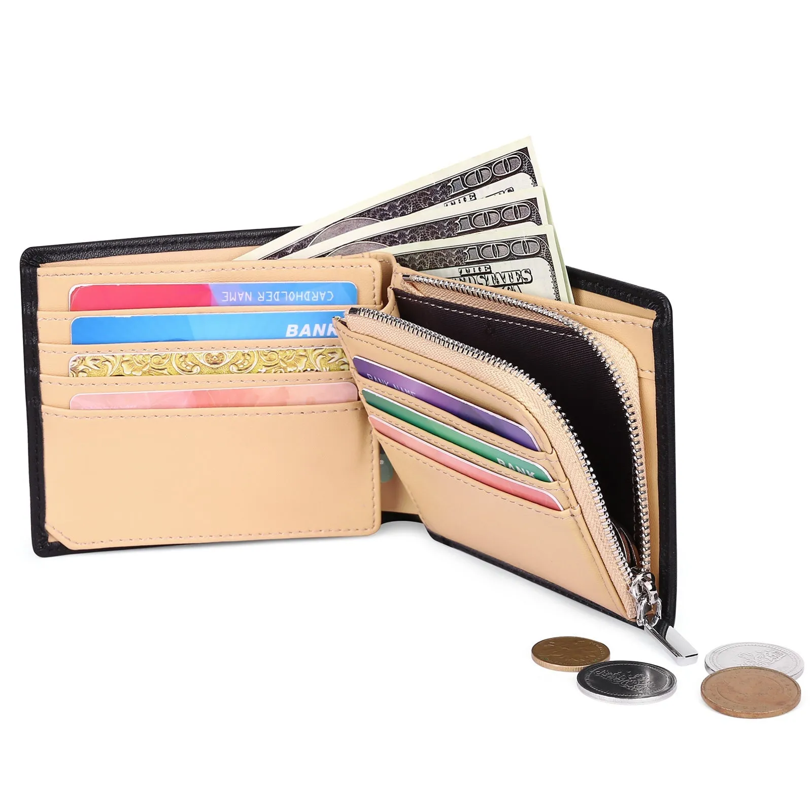 Men's Bifold Multi-Card Coin Clip Large-Capacity Shielded Leather Wallet