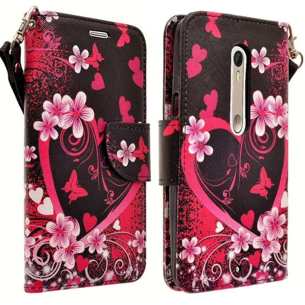 Motorola Droid Turbo 2 Case | Moto X Force Case | Kinzie Bounce Case, Wrist Strap Pu Leather Magnetic Fold[Kickstand] Wallet Case with ID & Card Slots - Heart Butterflies