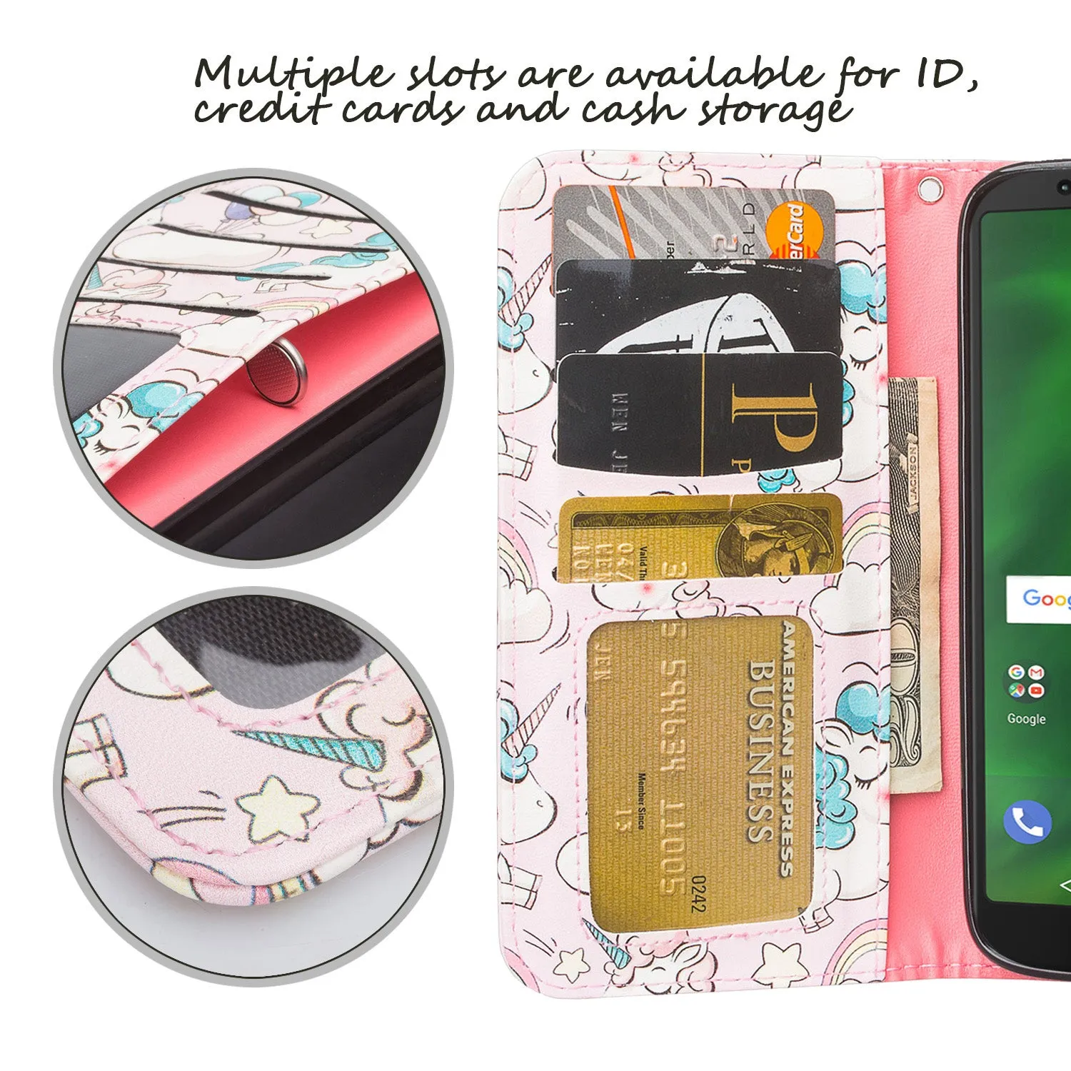 Motorola Moto G6 | Moto G6 2018 Case, Moto G6 | Moto G6 2018 Wallet Case, Wrist Strap Pu Leather Wallet Case [Kickstand] with ID & Credit Card Slots - Pink Unicorn