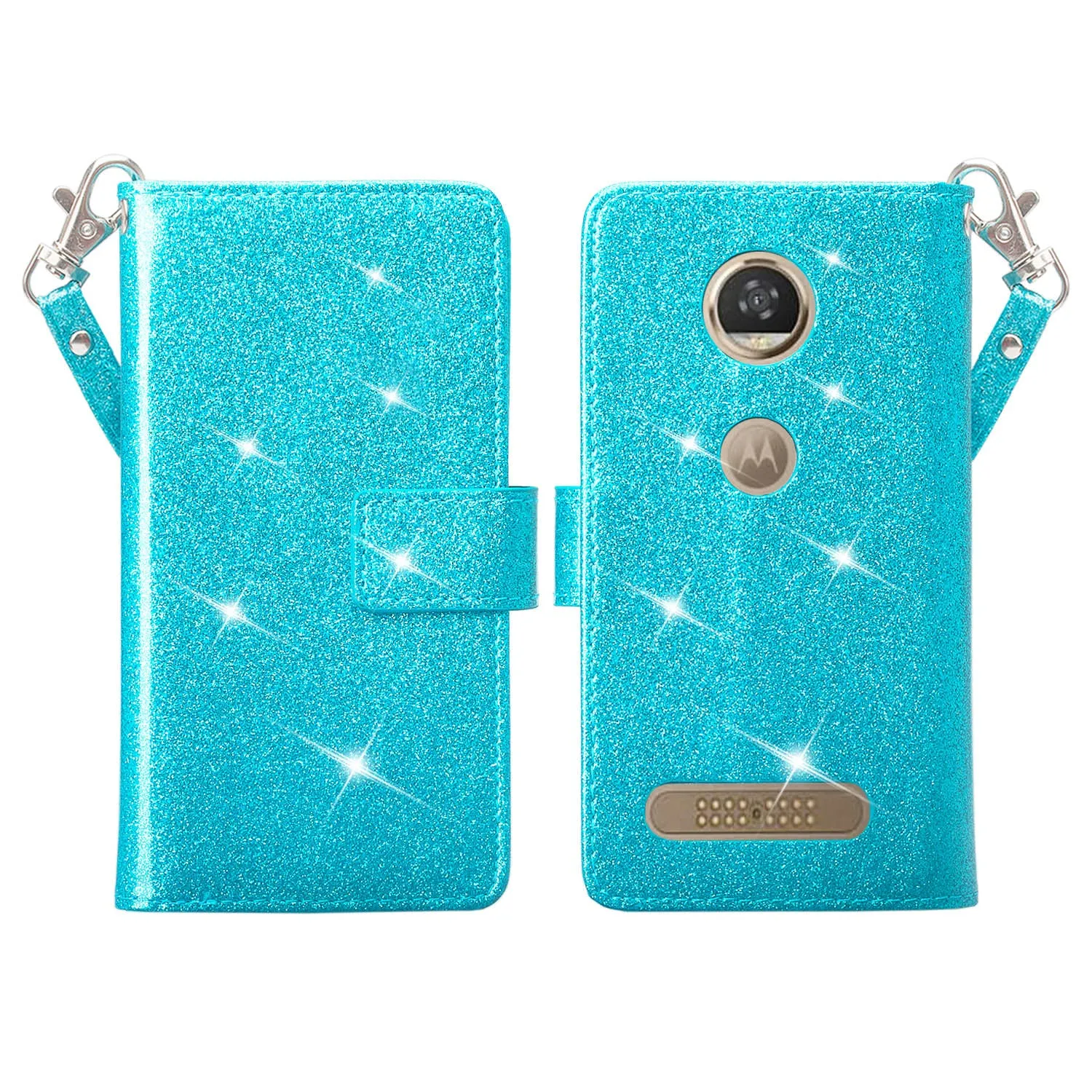 Motorola Moto Z2 Force Edition Case, Moto Z2 Force wallet Case, [Wrist Strap] Glitter Faux Leather Flip [Kickstand Feature] Protective Wallet Case Clutch - Teal