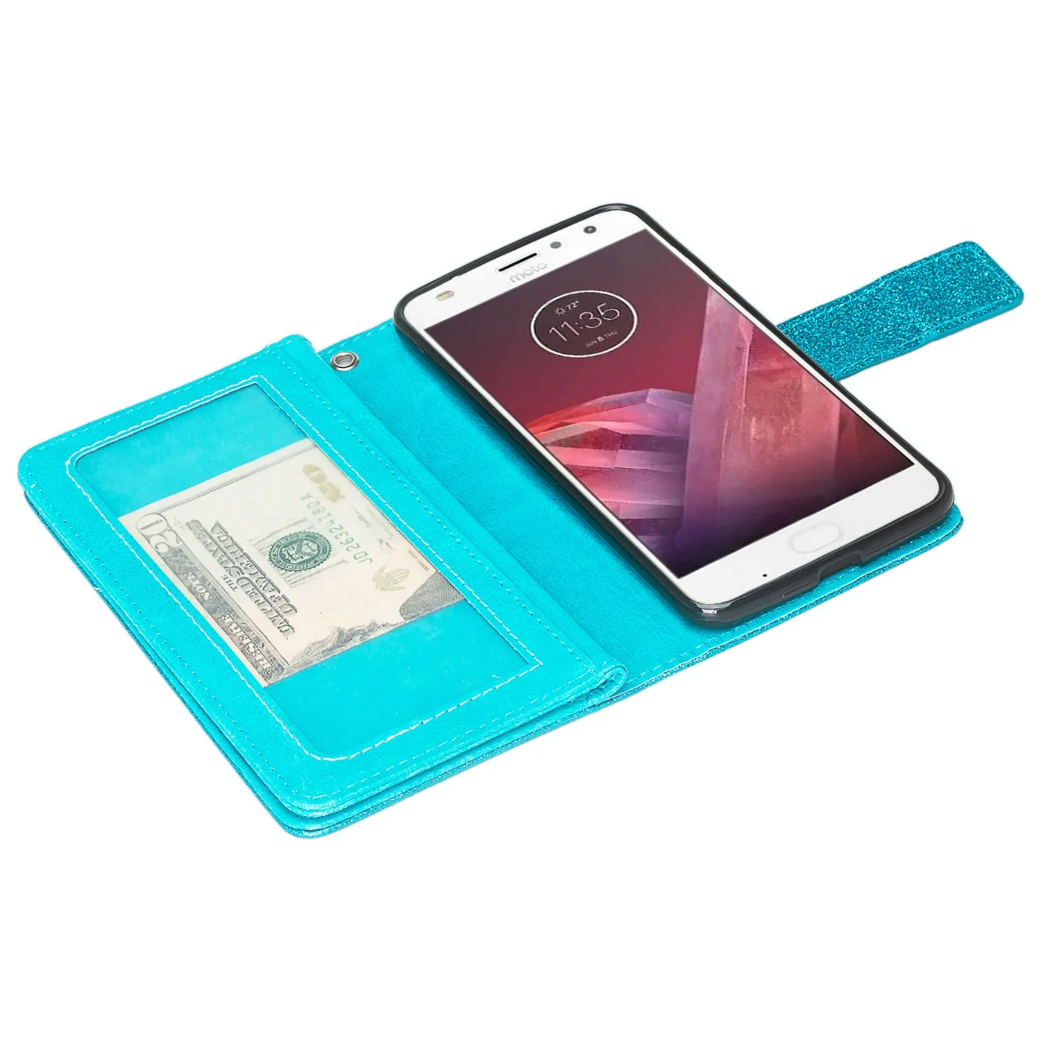 Motorola Moto Z2 Force Edition Case, Moto Z2 Force wallet Case, [Wrist Strap] Glitter Faux Leather Flip [Kickstand Feature] Protective Wallet Case Clutch - Teal