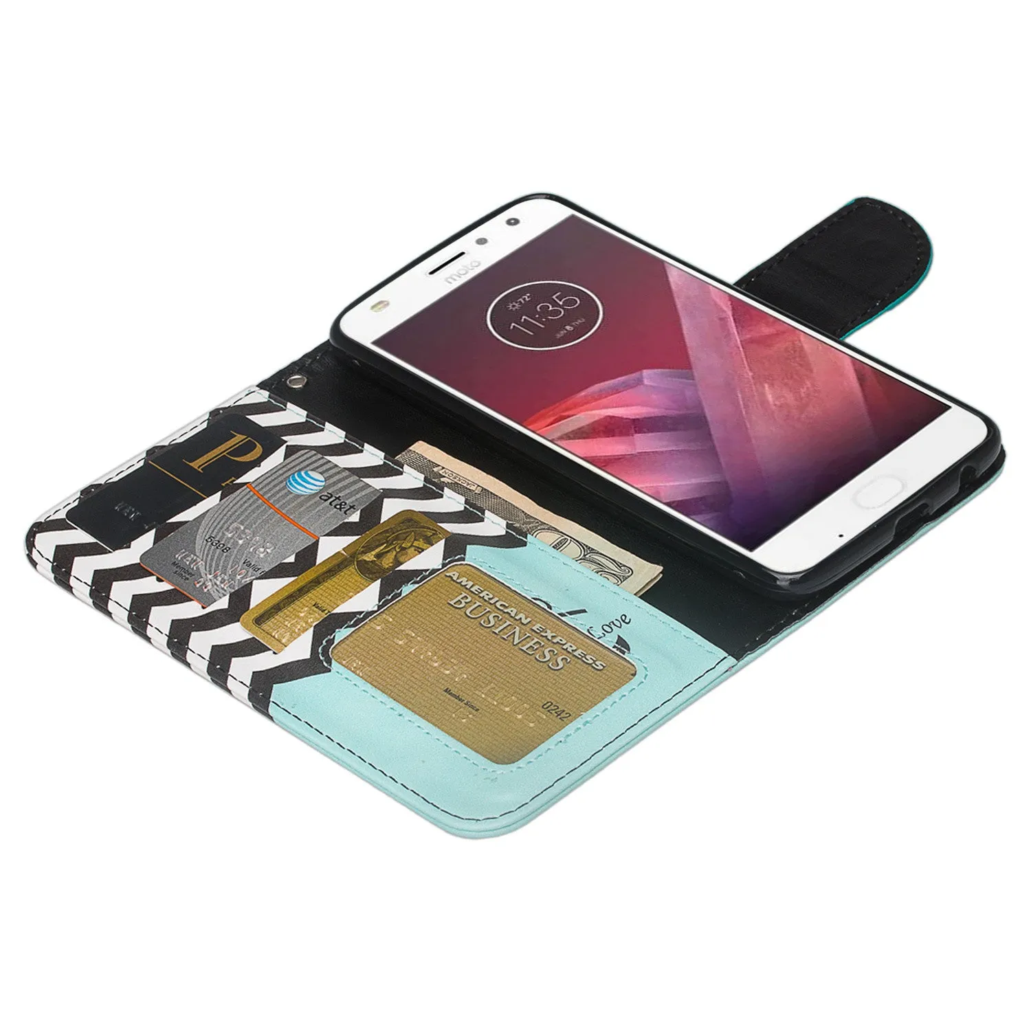 Motorola Moto Z2 Play Case, Moto Z2 Play Wallet Case, Slim Flip Folio [Kickstand] Pu Leather Wallet Case with ID & Card Slots & Pocket   Wrist Strap - Teal Anchor