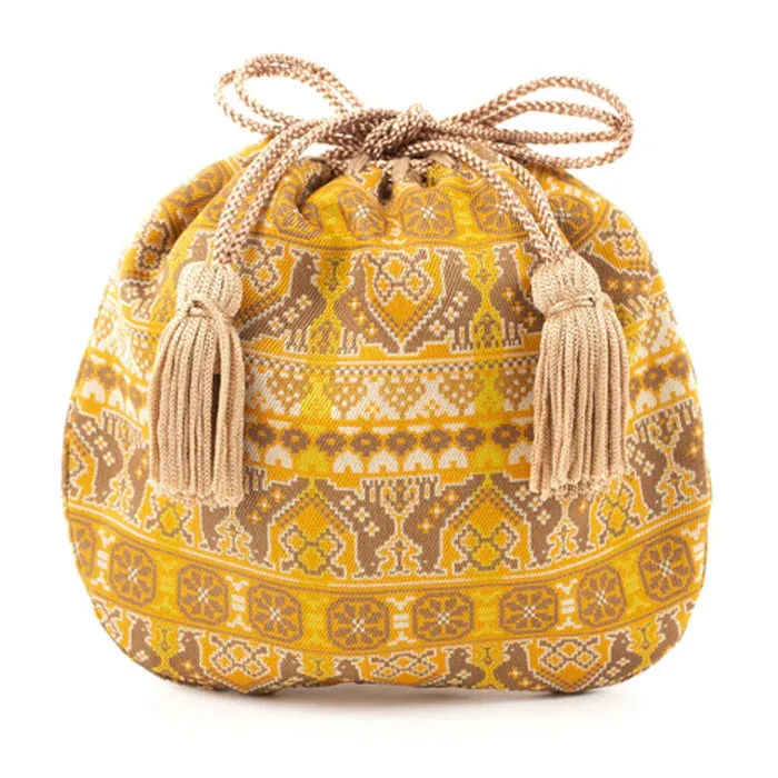 Nishijin-ori Small Drawstring Bag - Cock / Golden Brown -,  Made in Kyoto, Japan,  Japanese traditional craft purse