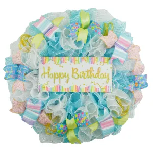 Pastel Birthday Wreath for Front Door - Everyone Happy Birth Day Decor - Family Pink Red Blue White Yellow Gold