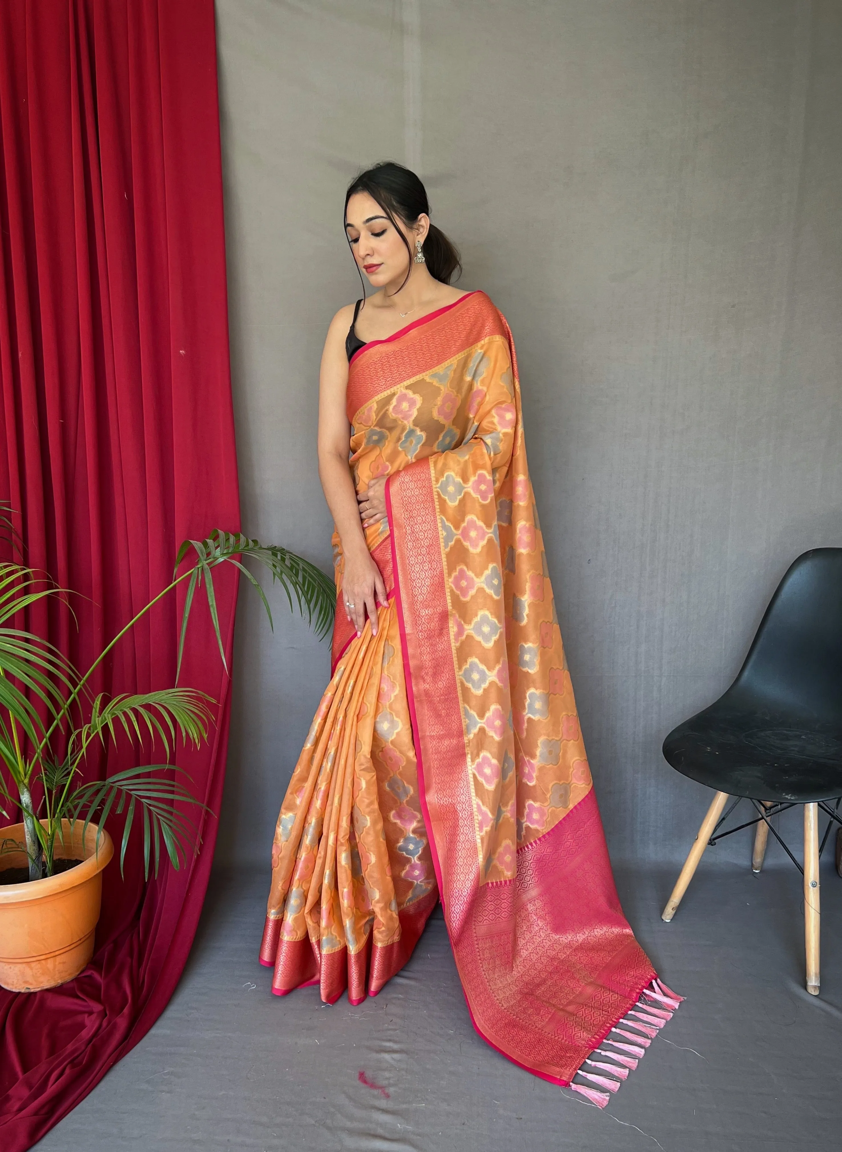 Pastel Orange Saree in Organza