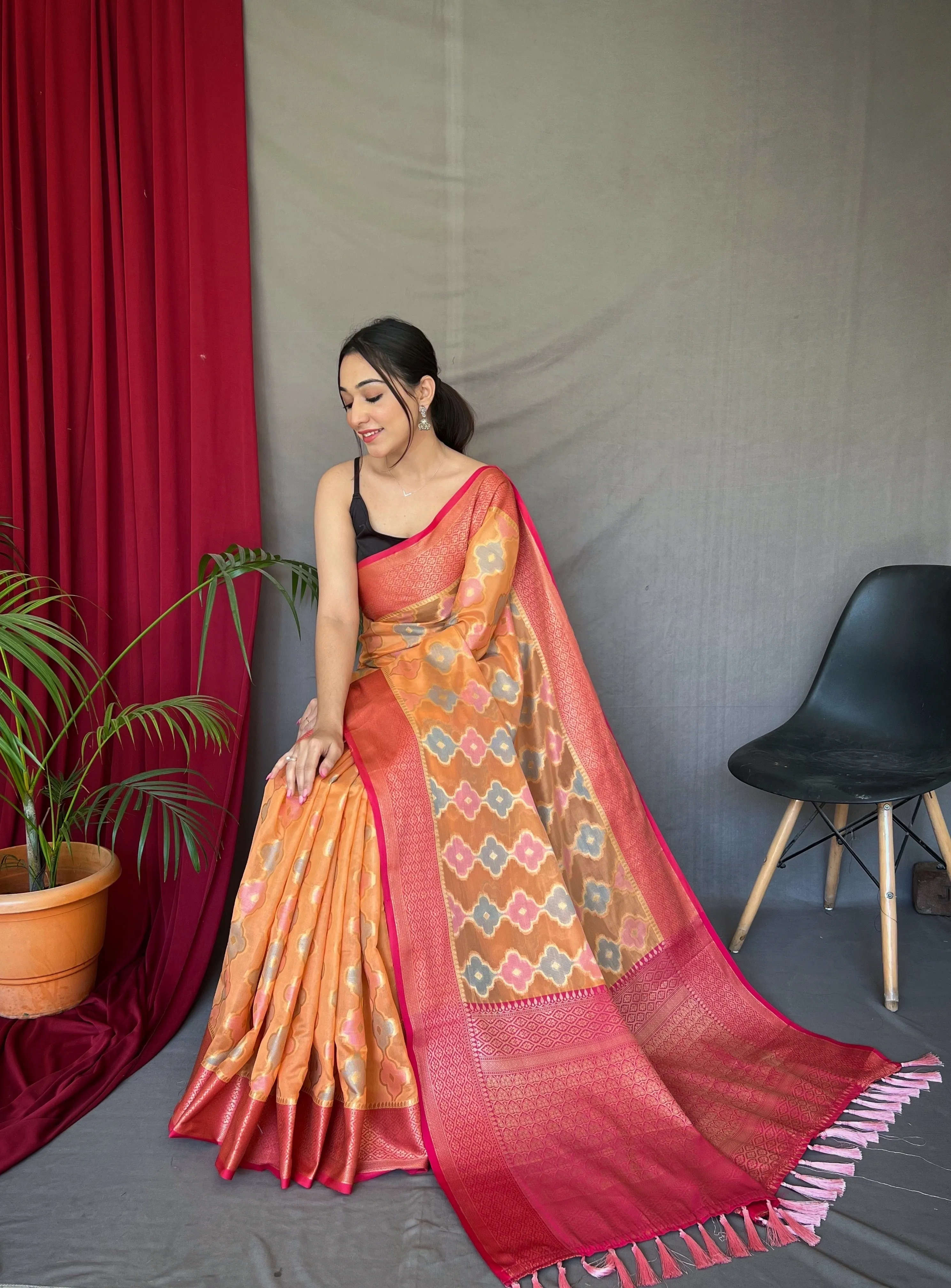 Pastel Orange Saree in Organza