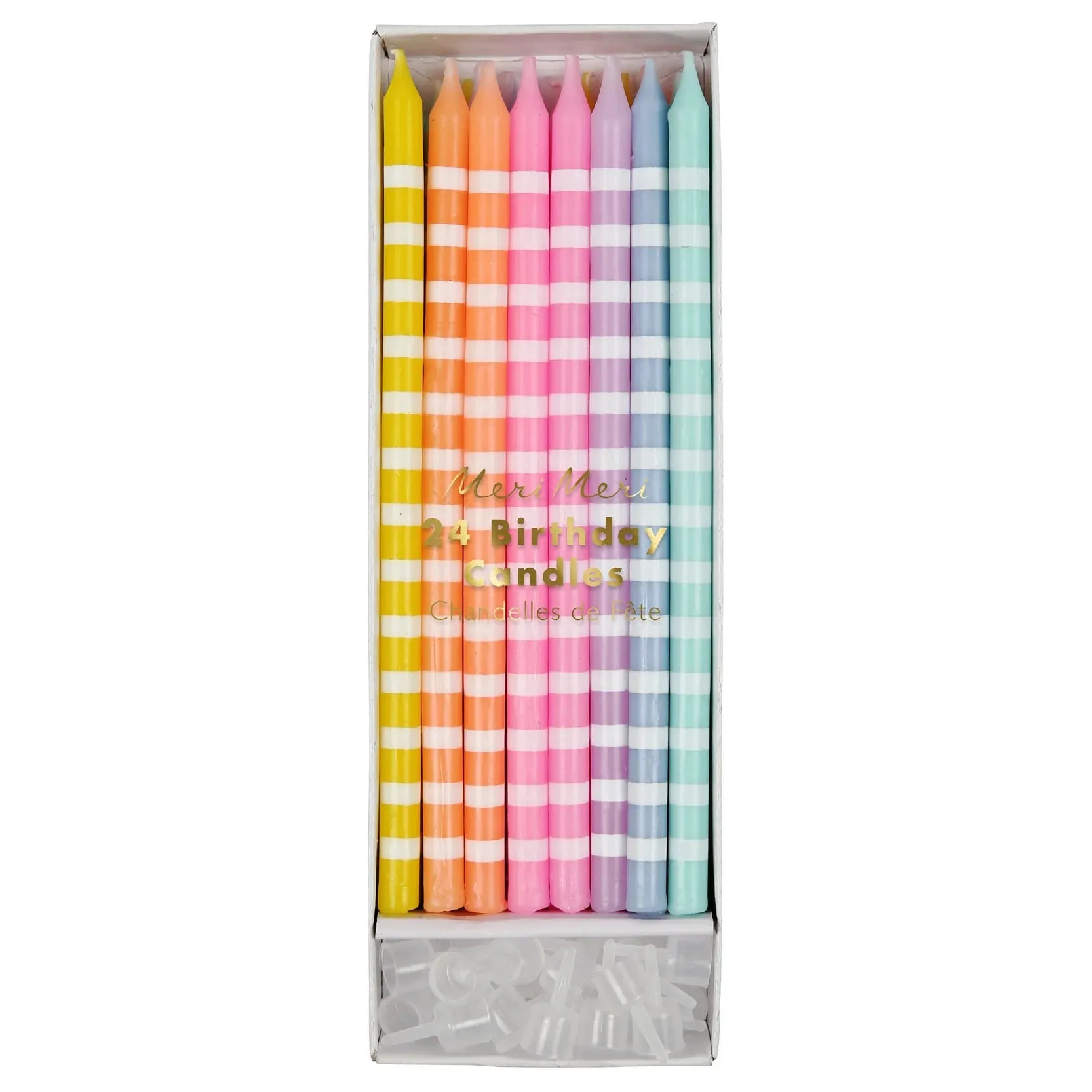 Pastel Party Candles, Set of 24 Meri Meri Tall Birthday Candles in Pink, Lavender, Orange, Blue, and Yellow