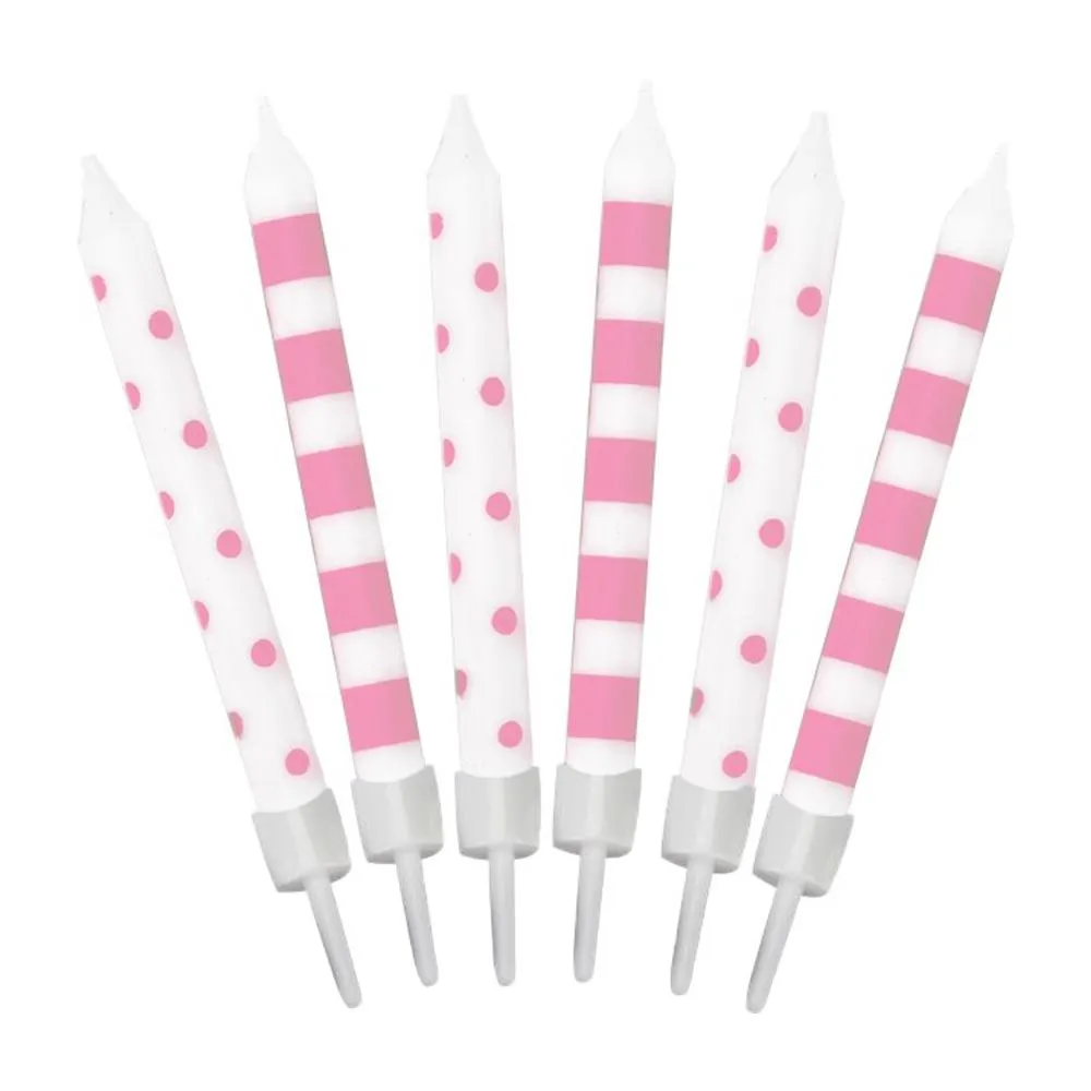 Pastel Pink Stripes And Dots Candles 12pk