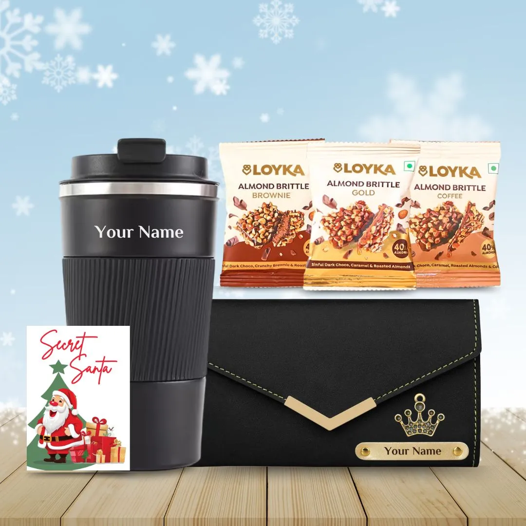 Personalized Tumbler and Ladies Wallet Gift Set with Loyka Assorted Brittle and Secret Santa Card - Black