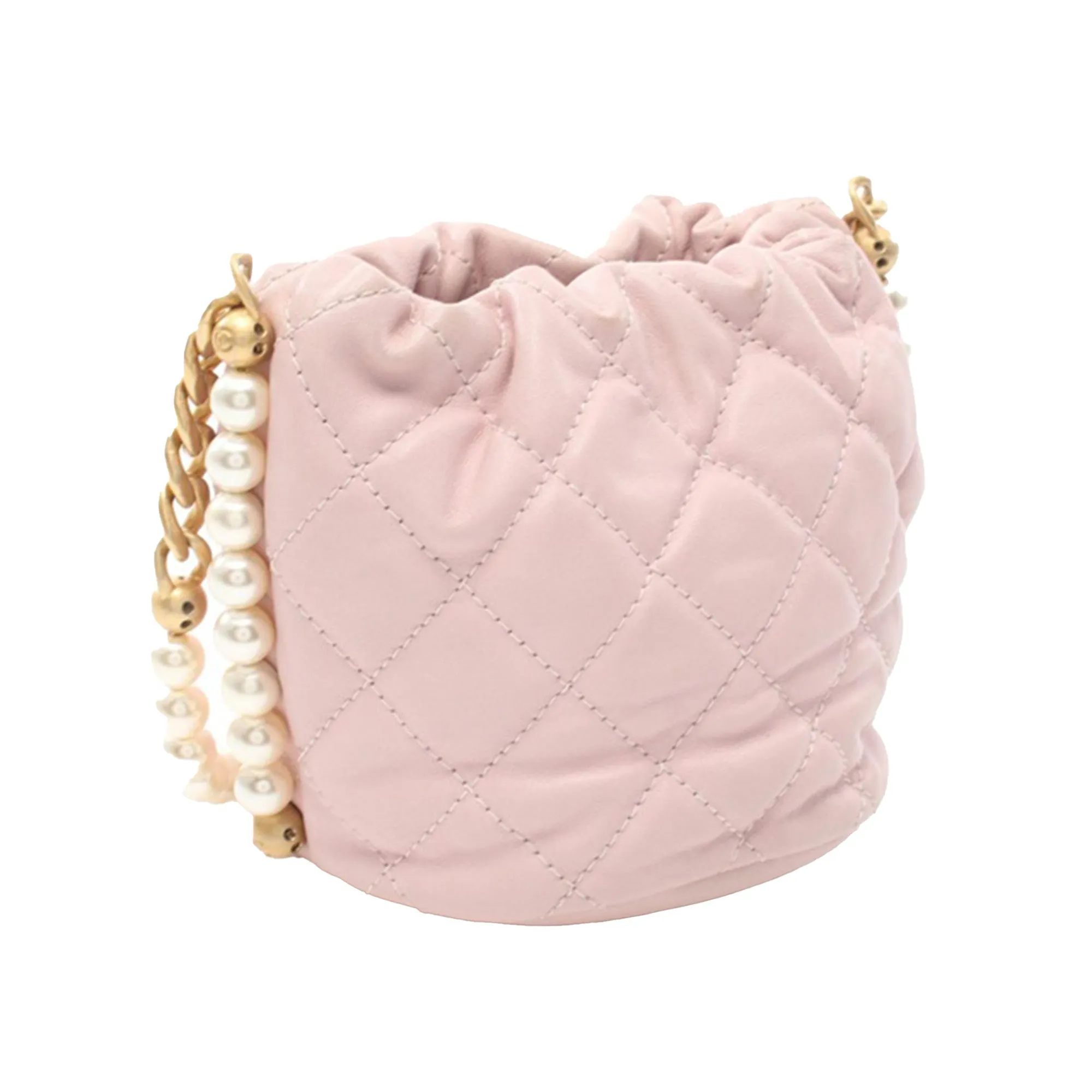 Pink Chanel Mini Calfskin About Pearls Drawstring Bucket Bag