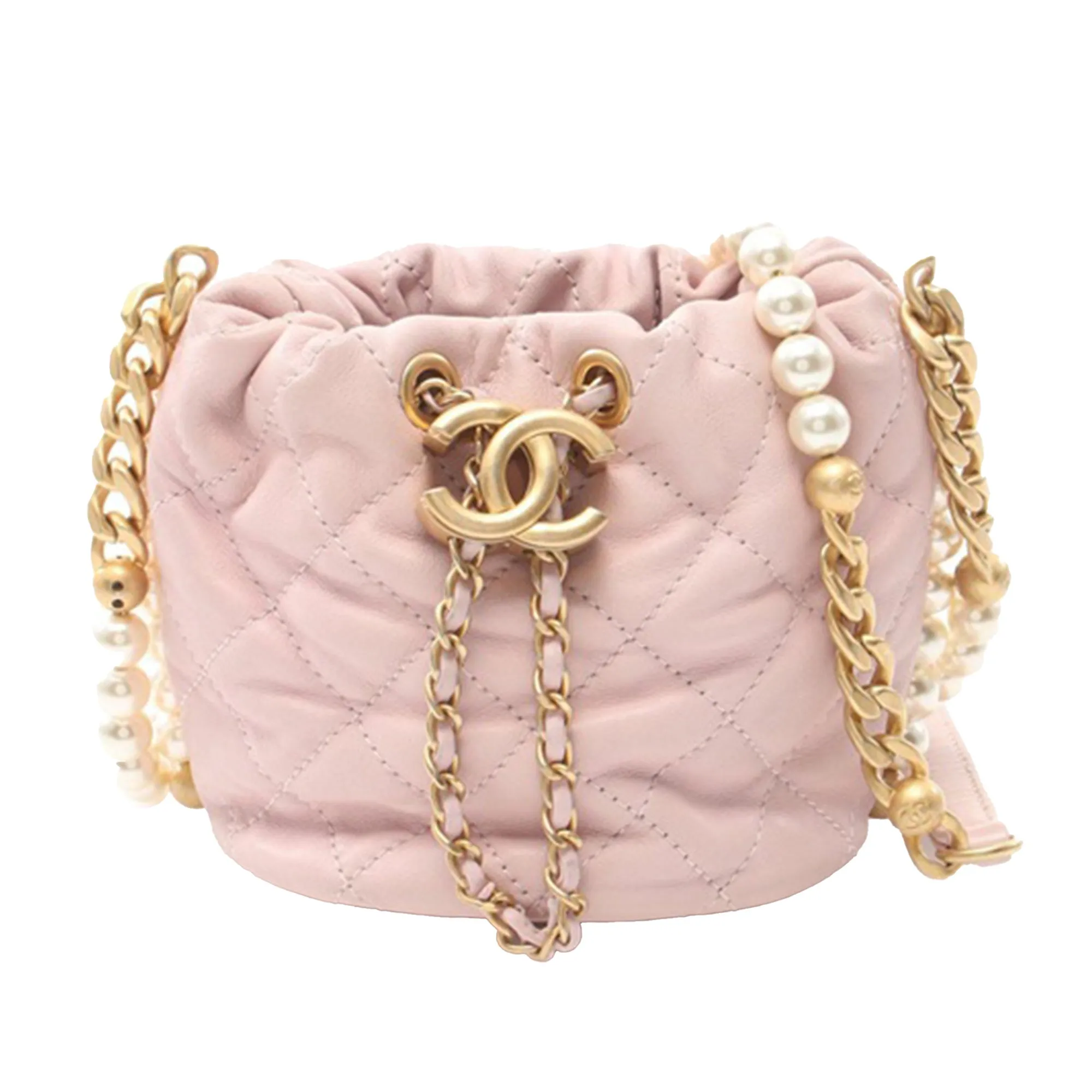 Pink Chanel Mini Calfskin About Pearls Drawstring Bucket Bag