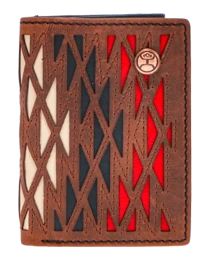 "CHAPAWEE" TRIFOLD HOOEY WALLET IVORY/RED W/LASER CUT AZTEC PRINT